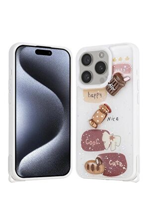 Apple iPhone 15 Pro Uyumlu Kılıf Parlayan Sıvılı Simli Kabartma Figürlü Cevze Kapak Beyaz