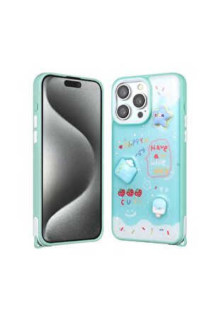 Apple iPhone 15 Pro Max Uyumlu Kılıf Parlayan Sıvılı Simli Kabartma Figürlü Cevze Kapak Yeşil