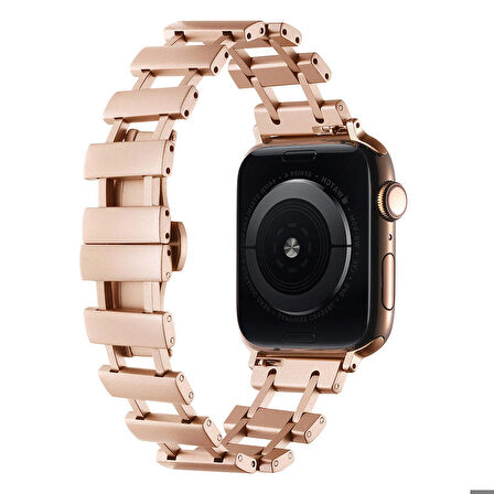 Apple Watch 3/4/5/6/7/8/9 Se 38-40-41 Mm Uyumlu Kordon Metal Paslanmaz Şerit Parçalı Kayış KRD-96 Rose Gold