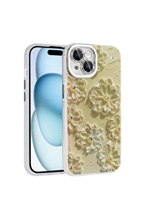 Apple iPhone 14 Uyumlu Kılıf Çiçek Desenli Parlak Taşlı Sert Silikon Garden Kapak Beyaz