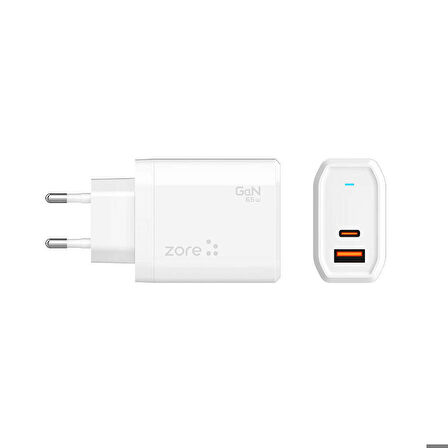 Zore Always-01 GaN Tech Type-C PD4.0 USB-A QC3.0 Hızlı Şarj Özellikli Seyahat Şarj Başlığı 65W