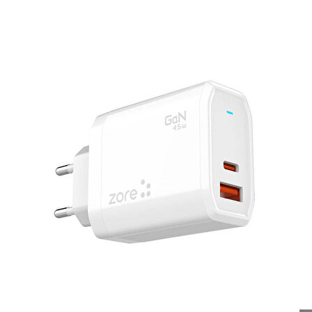 Zore Always-02 GaN Tech Type-C PD4.0 USB-A QC3.0 Hızlı Şarj Özellikli Seyahat Şarj Başlığı 45W