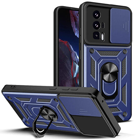 Xiaomi Poco F5 Pro Uyumlu Kılıf Magnetik Standlı Kamera Korumalı Sürgülü Vega Kapak Mavi