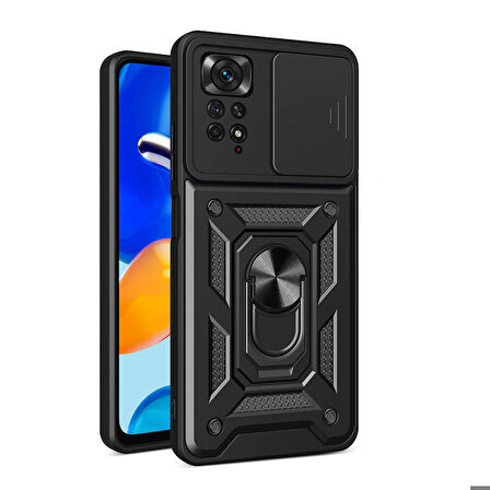 Xiaomi Redmi Note 11 Pro 4G Uyumlu Kılıf Magnetik Standlı Kamera Korumalı Sürgülü Vega Kapak Siyah