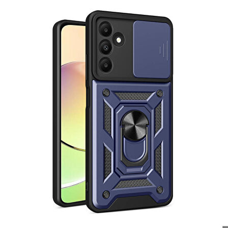 Samsung Galaxy A15 Uyumlu Kılıf Magnetik Standlı Kamera Korumalı Sürgülü Vega Kapak Mavi