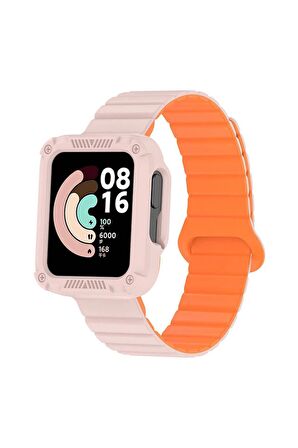 Xiaomi Redmi Watch 2 Uyumlu Kordon Silikon Baklalı Esnek Yumuşak Kayış KRD-105 Pembe-Turuncu