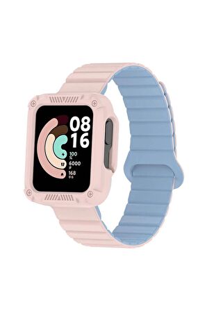 Xiaomi Redmi Watch 1 Uyumlu Kordon Silikon Baklalı Esnek Yumuşak Kayış KRD-105 Pembe-Mavi