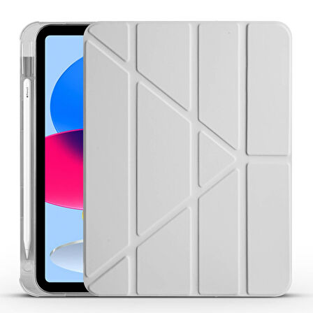 Apple iPad 10.9 2022(10.Nesil) Uyumlu Tablet Kılıf Tri Folding Kalem Bölmeli Kılıf Gri