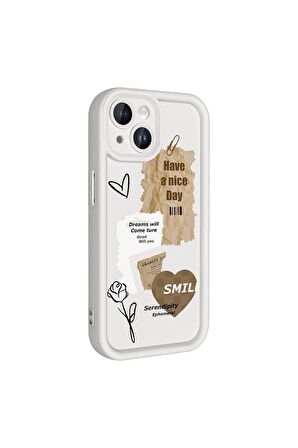 Apple iPhone 15 Uyumlu Kılıf Kamera Korumalı Baskılı Şık Desenli Arka Yüzey Klas Kapak Beyaz