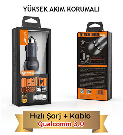 Araç Şarj Cihazı C503Q Lightning Hızlı Şarj Özellikli 36 W 2 USB - QC 3.0 Akıllı Metal Şarj Başlığı