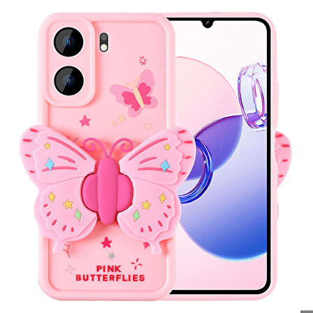 Xiaomi Poco C65 Uyumlu Kılıf Kamera Korumalı Kabartmalı Yaz Figür Tasarımlı Kapya Kapak Pembe Açık