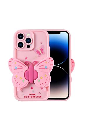 Apple iPhone 14 Pro Uyumlu Kılıf Kamera Korumalı Kabartmalı Yaz Figür Tasarımlı Kapya Kapak Pembe Açık