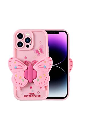 Apple iPhone 14 Pro Max Uyumlu Kılıf Kamera Korumalı Kabartmalı Yaz Figür Tasarımlı Kapya Kapak Pembe Açık