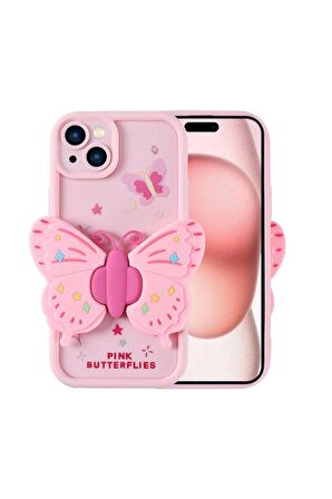 Apple iPhone 15 Uyumlu Kılıf Kamera Korumalı Kabartmalı Yaz Figür Tasarımlı Kapya Kapak Pembe Açık