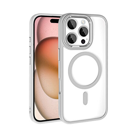 Apple iPhone 16 Pro Uyumlu Kılıf Wireless Şarj Özellikli Zore Krom Magsafe Silikon Kapak Gümüş