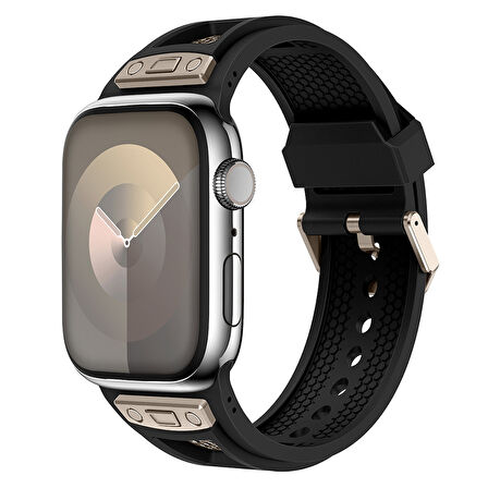 Apple Watch 3/4/5/6/7/8/9 Se 42-44-45 Mm Uyumlu Kordon Silikon Metal Süslemeli KRD-117 Kayış Siyah