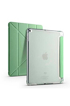 Apple iPad 9.7 2018 (6.Nesil) Uyumlu Tablet Kılıfı Tri Folding Kalem Bölmeli Kılıf Açık Yeşil