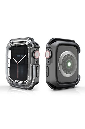 Apple Watch 45 Mm Uyumlu Kasa Koruyucu Sert PC + Silikon Koruyucu 360 Protective Spor Tasarım Gard08 Füme