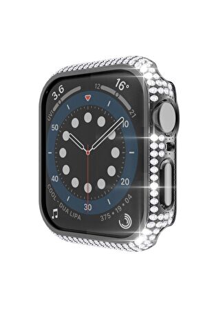 Apple Watch 41 Mm Uyumlu Ekran Koruyucu & Kasa Korumalı Taşlı Luxury Şık Tasarım Koruyucu Siyah