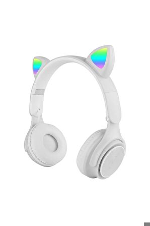 M6 Pro Cat RGB Led Işıklı Kedi Kulağı Band Tasarımlı Ayarlanabilir ve Katlanabilir Kulak Üstü Bluetooth Kulaklık Beyaz