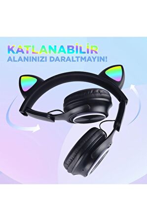 M6 Pro Cat RGB Led Işıklı Kedi Kulağı Band Tasarımlı Ayarlanabilir ve Katlanabilir Kulak Üstü Bluetooth Kulaklık Beyaz