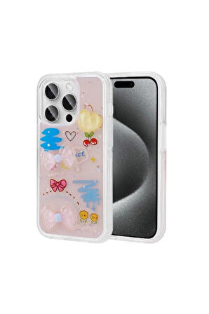 Apple iPhone 15 Pro Max Uyumlu Kılıf Kabartma Figürlü Parlak Zore Minimini Silikon Kapak Pembe