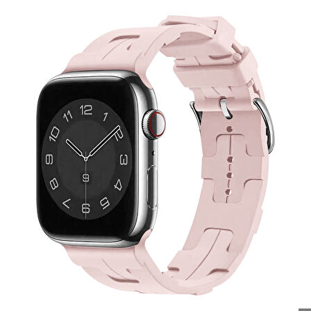 Apple Watch 42mm Uyumlu Kordon Silikon Yumuşak Esnek Metal Klipsli KRD-92 Kayış Pembe Açık