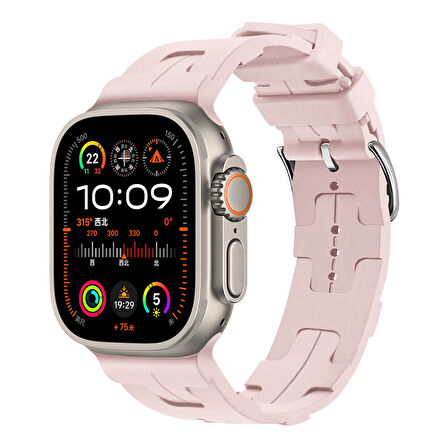 Apple Watch Ultra 49mm Uyumlu Kordon Silikon Yumuşak Esnek Metal Klipsli KRD-92 Kayış Pembe Açık