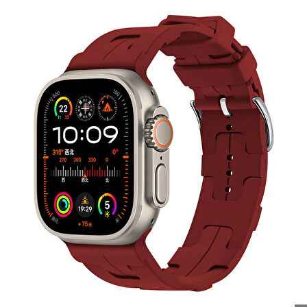 Apple Watch Ultra 49mm Uyumlu Kordon Silikon Yumuşak Esnek Metal Klipsli KRD-92 Kayış Koyu Kırmızı