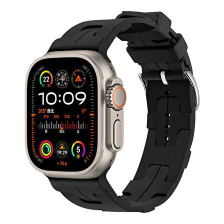 Apple Watch Ultra 49mm Uyumlu Kordon Silikon Yumuşak Esnek Metal Klipsli KRD-92 Kayış Siyah