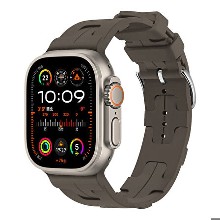 Apple Watch Ultra 49mm Uyumlu Kordon Silikon Yumuşak Esnek Metal Klipsli KRD-92 Kayış Haki