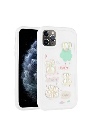Apple iPhone 11 Pro Max Uyumlu Kılıf Kabartma Figürlü Parlak Zore Toys Silikon Kapak Beyaz