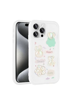 Apple iPhone 15 Pro Max Uyumlu Kılıf Kabartma Figürlü Parlak Zore Toys Silikon Kapak Beyaz