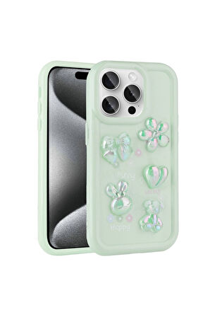 Apple iPhone 15 Pro Max Uyumlu Kılıf Kabartma Figürlü Parlak Zore Toys Silikon Kapak Açık Yeşil
