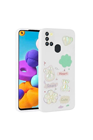 Samsung Galaxy A21S Uyumlu Kılıf Kabartma Figürlü Parlak Zore Toys Silikon Kapak Beyaz