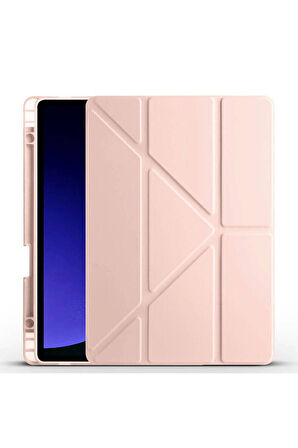 Samsung Galaxy Tab S9 FE Uyumlu Kılıf Zore Tri Folding Kalem Bölmeli Standlı Kılıf Rose Gold