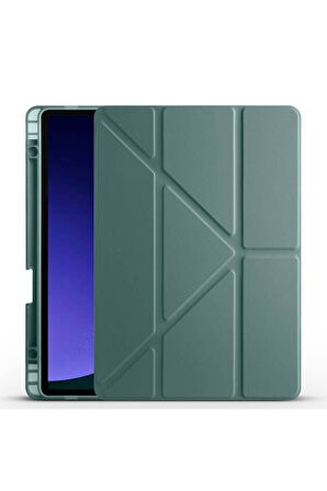 Samsung Galaxy Tab S9 FE Uyumlu Kılıf Zore Tri Folding Kalem Bölmeli Standlı Kılıf Koyu Yeşil
