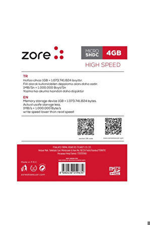 Zore Micro SD Hafıza Kartı 4GB