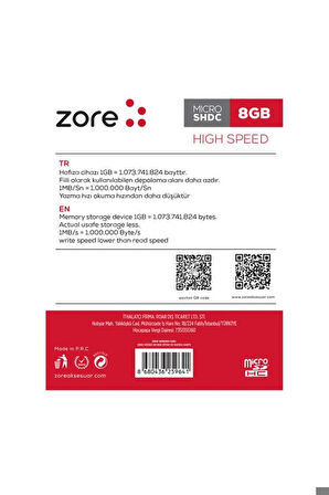 Zore Micro SD Hafıza Kartı 8GB