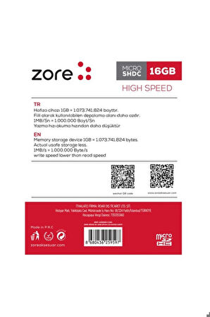 Zore Micro SD Hafıza Kartı 16GB