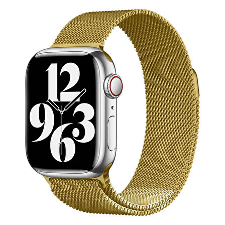 Apple Watch 44mm Uyumlu Kordon Hasır Metal Mıknatıslı Örgü Zore KRD-01 Kayış Gold
