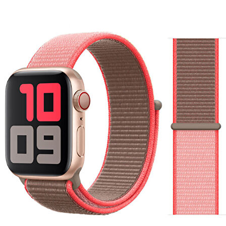 Apple Watch 38mm Uyumlu Kordon Hasır Örgü Cırt Cırtlı Terletmeyen Zore KRD-03 Kumaş Kayış 56-Neon Pink