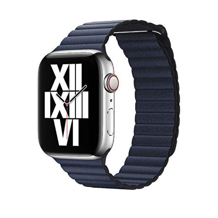 Apple Watch 40mm Uyumlu Kordon Suni Deri Bakla Tasarımlı KRD-09 Kayış Lacivert
