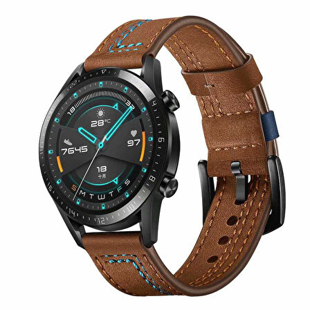 Samsung Gear S3 (22mm) Uyumlu Kordon Deri Dikişli Luxury KRD-19 Kayış Kahverengi