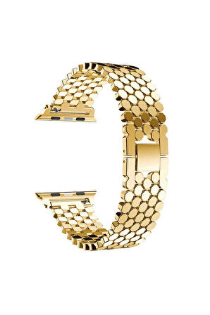 Apple Watch 38mm Uyumlu Kordon Metal Bal Peteği Şık Tasarım KRD-30 Kayış Gold