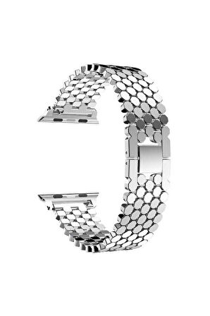 Apple Watch 44mm Uyumlu Kordon Metal Bal Peteği Şık Tasarım KRD-30 Kayış Gümüş