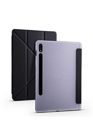 Samsung Galaxy Tab S7 Plus T970 Uyumlu Kılıf Zore Tri Folding Kalem Bölmeli Standlı Kılıf Siyah