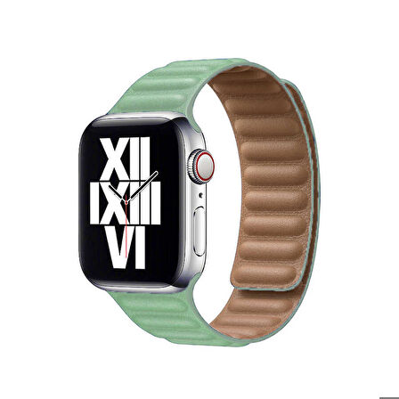 Apple Watch 44mm Uyumlu Kordon Suni Deri Baklalı KRD-34 Kayış Açık Yeşil