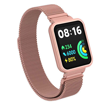 Xiaomi Redmi Watch 2 Lite Uyumlu Kordon Hasır Metal Mıknatıslı Zore KRD-58 Kayış Pembe Açık
