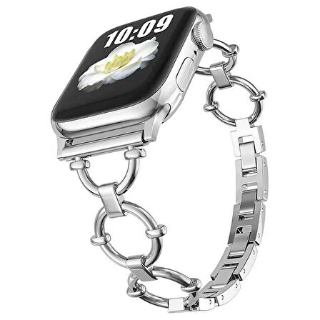 Apple Watch 42mm Uyumlu Kordon Metal Paslanmaz Halka Tasarımlı KRD-56 Kayış Gümüş